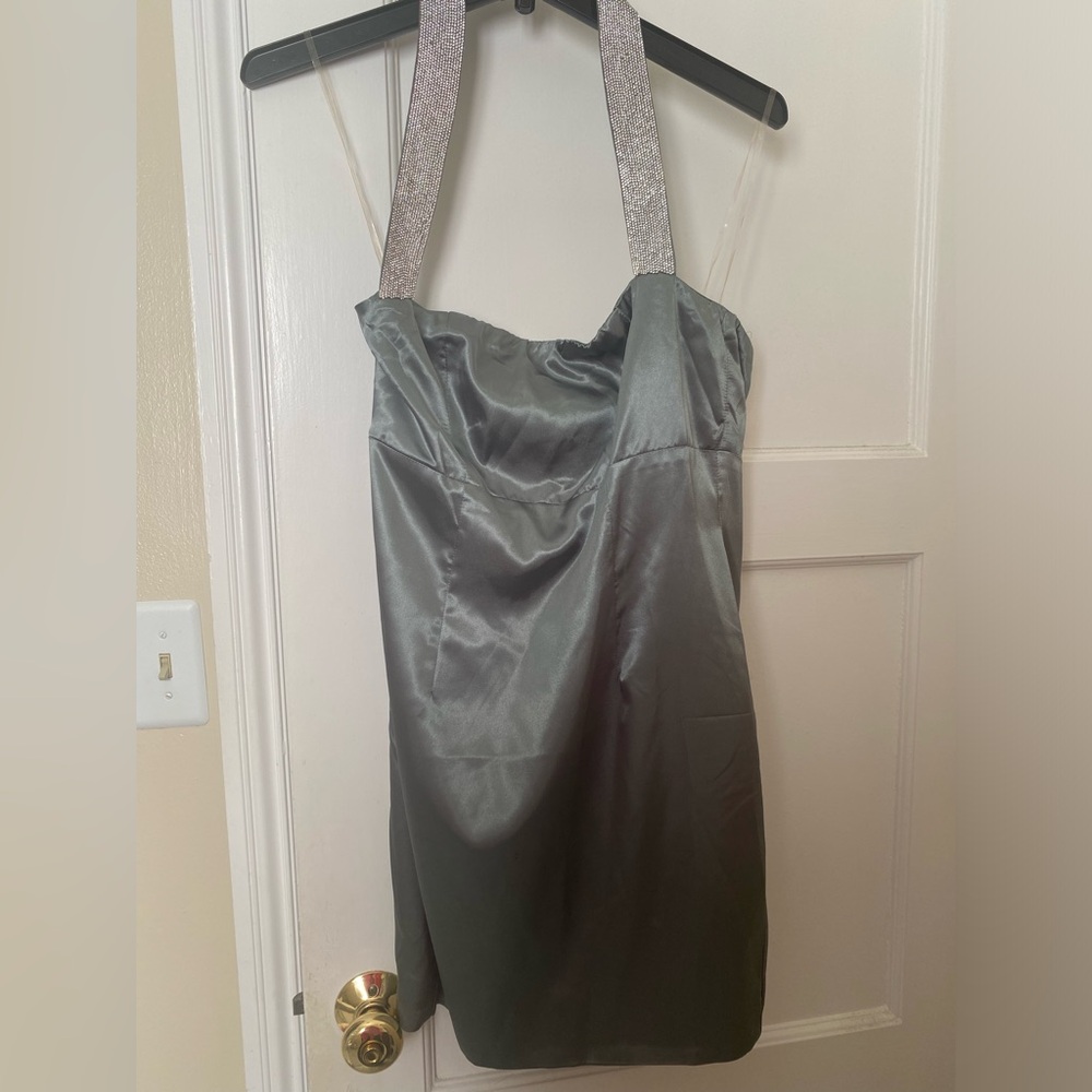 Meshki Satin Mini Halter Dress with Diamanté Strap, NWT, Size Large